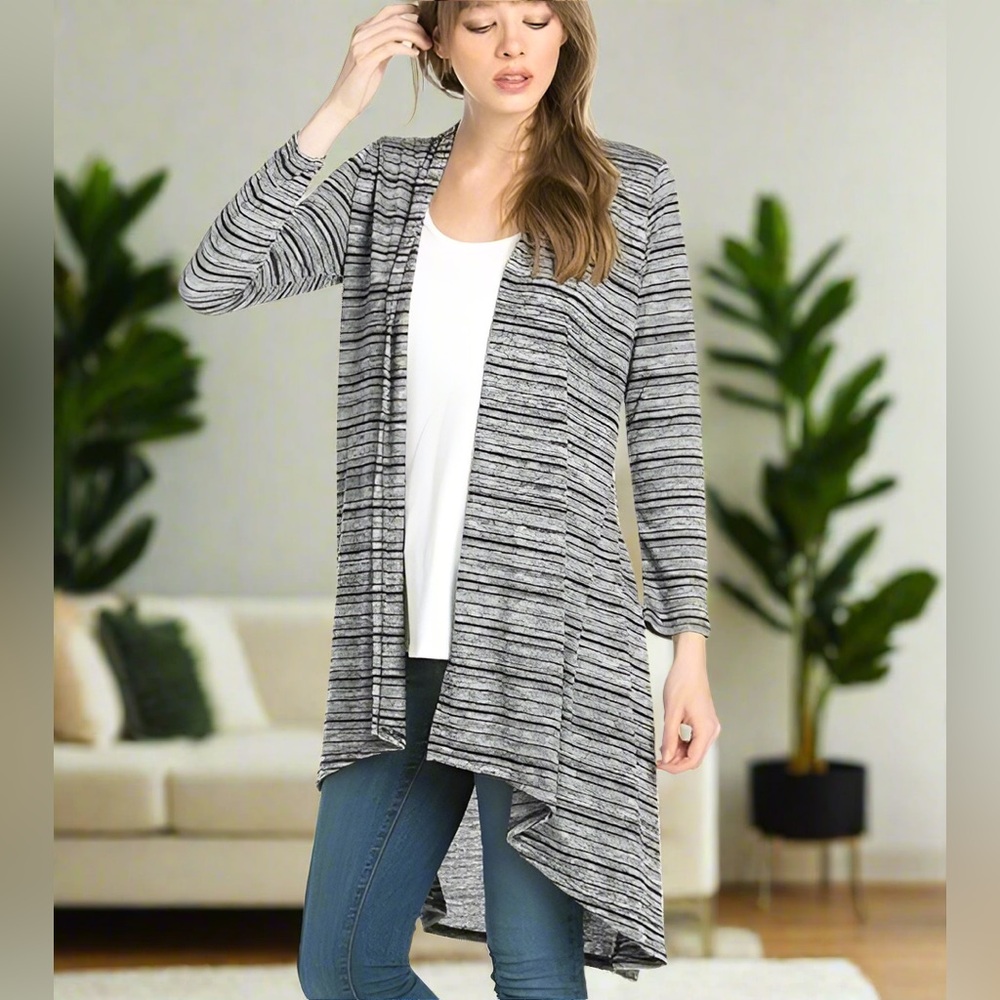 Small NEW Womens Black Gray Stripe Cardigan Sweater Jacket Duster